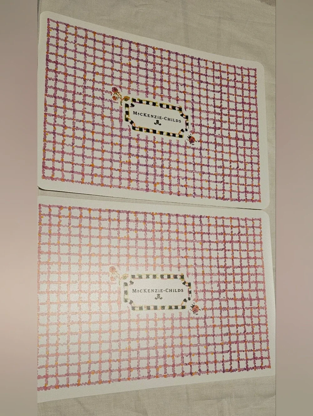 MacKenzie Childs Toddlers kids Placemats Pink With Courtly Check Set sheep goose